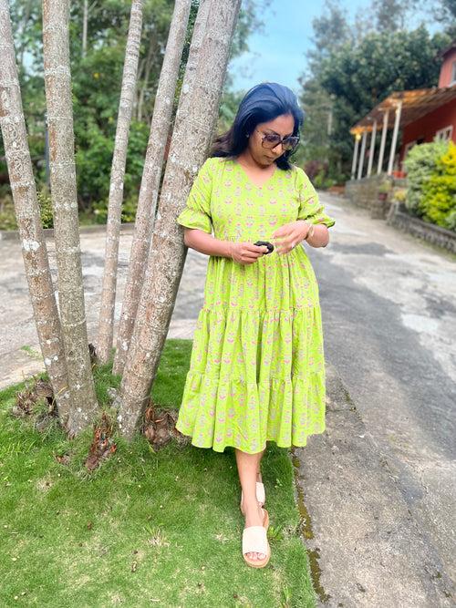 Green Block Print layered Cotton Dress