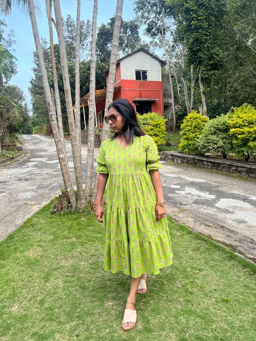 Green Block Print layered Cotton Dress