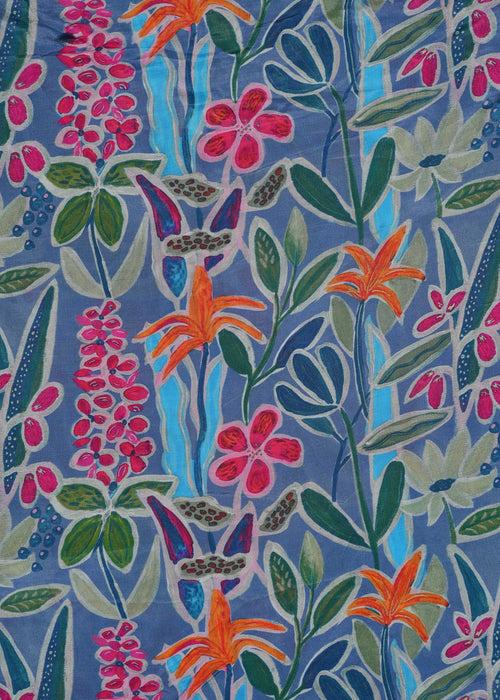 Dusty Blue & Multicolor Floral Muslin Printed Fabric