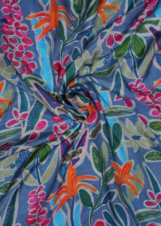 Dusty Blue & Multicolor Floral Muslin Printed Fabric