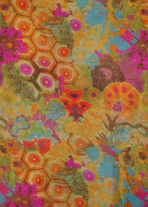 Mustard Multicolor Abstract Pure Chinon Printed Fabric