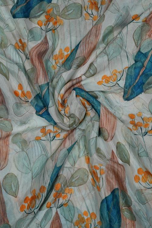 Off White & Light Blue Flower And Leaf Printed Pure Chinon Fabric