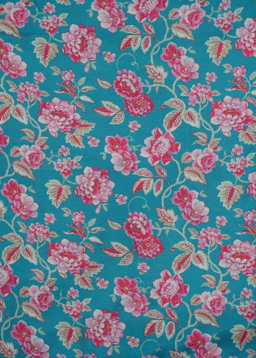 Aqua Blue & Pink Floral Printed Pure Muslin Fabric