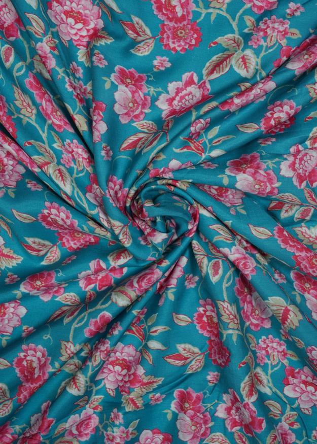 Aqua Blue & Pink Floral Printed Pure Muslin Fabric