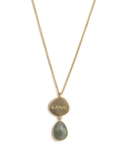 Moody Aqua Chalcedony Statement Gold Pendant Necklace