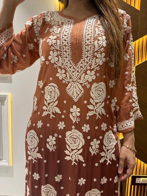 Chikankari Viscose Brown Pallazo Set