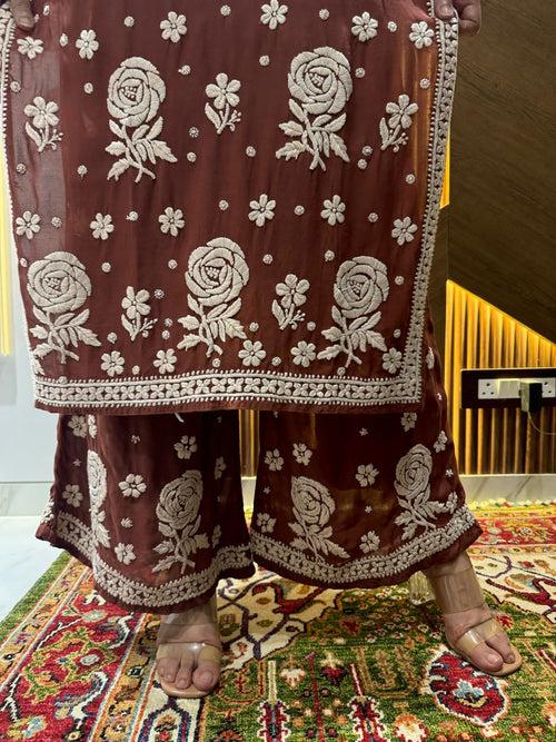 Chikankari Viscose Brown Pallazo Set