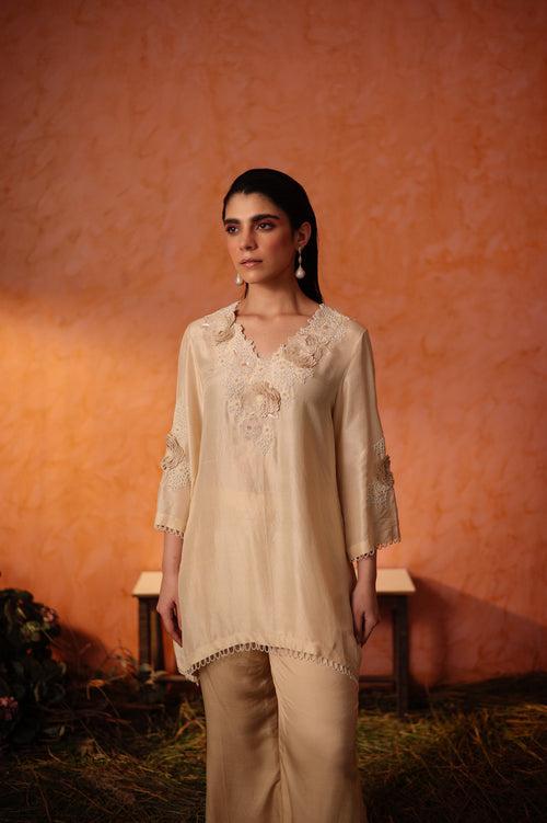 Ivory Floral Embroidered Short Kurta & Bell Bottom Pants