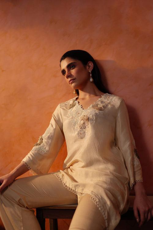 Ivory Floral Embroidered Short Kurta & Bell Bottom Pants