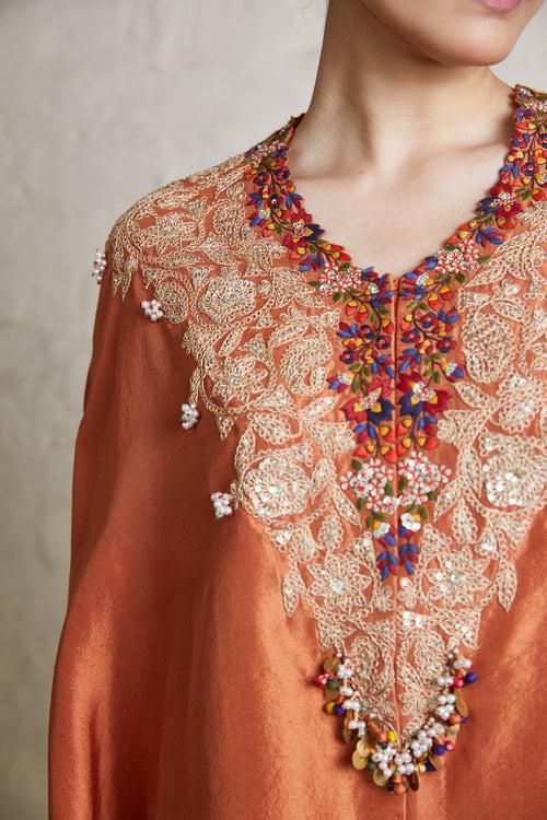 Rust Silk Kaftan with Crepe Dhoti