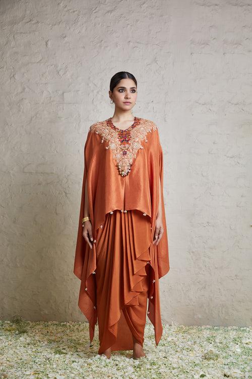 Rust Silk Kaftan with Crepe Dhoti