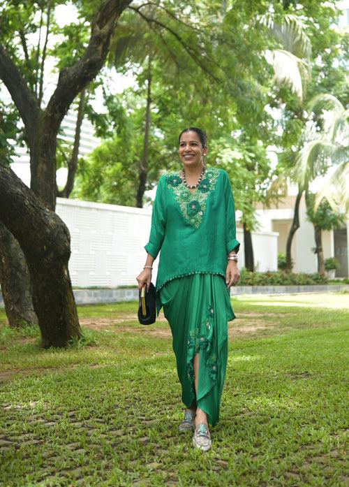 Green Floral Embroidered Top & Drape Skirt