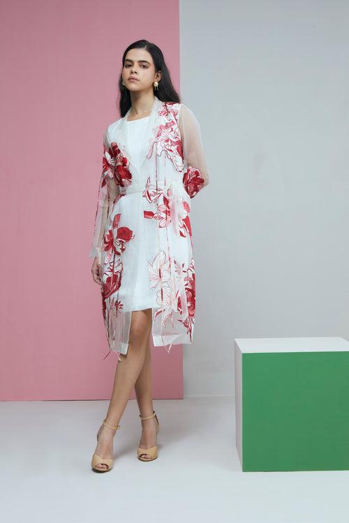 Red Bloom Organza Lapel Jacket With Dress