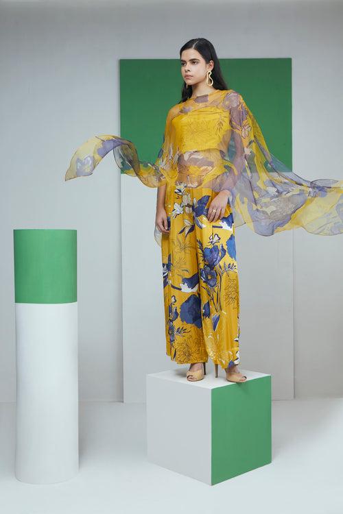 Yellow Bloom Printed Organza Cape With Pant Set