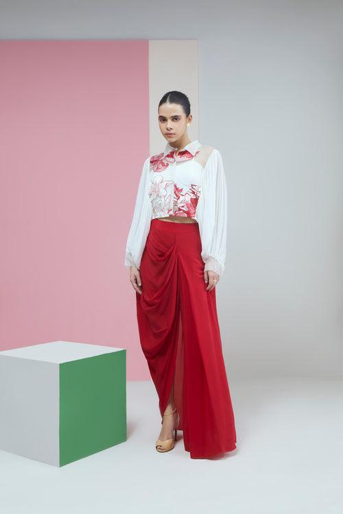 Applique Organza Crop Shirt With Red Drape Skirt