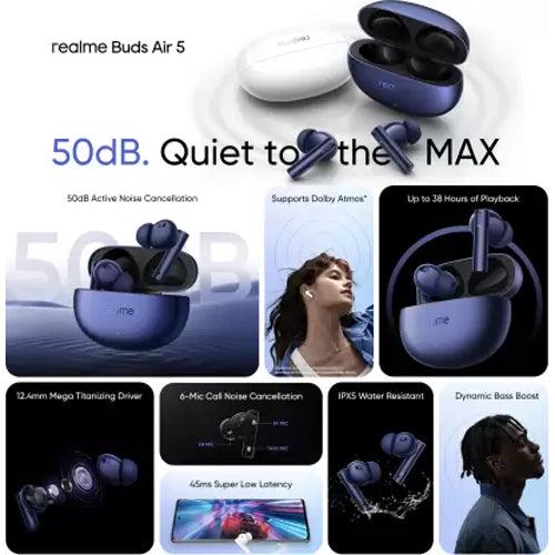 realme Buds Air 5 with 50dB ANC, 12.4mm Dynamic Bass Driver and upto 38 hours Playback Bluetooth Headset  (Deep Sea Blue, True Wireless)