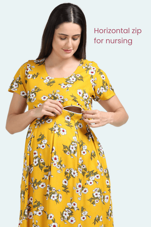 Yellow Floral Box Pleats Maternity & Feeding Dresses