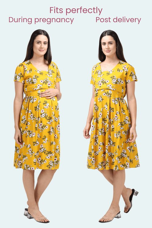 Yellow Floral Box Pleats Maternity & Feeding Dresses