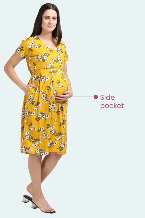 Yellow Floral Box Pleats Maternity & Feeding Dresses