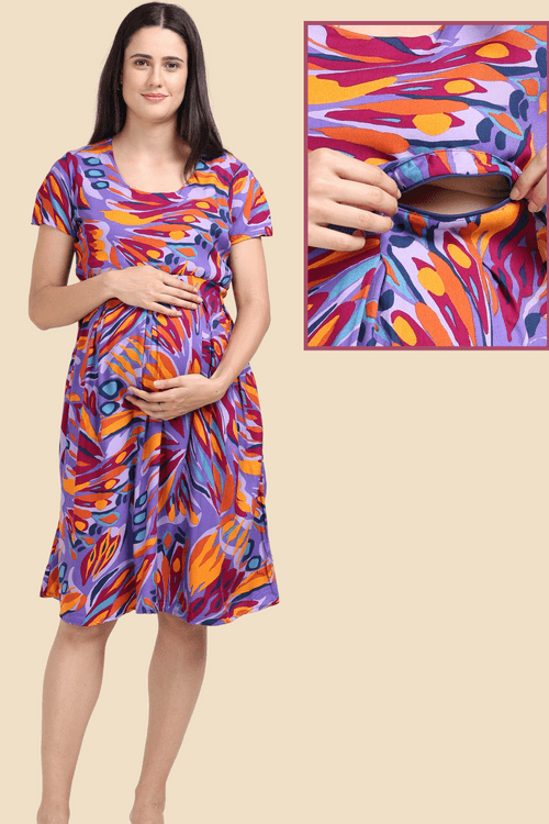 Lavender Floral Box Pleats Maternity & Feeding Dresses