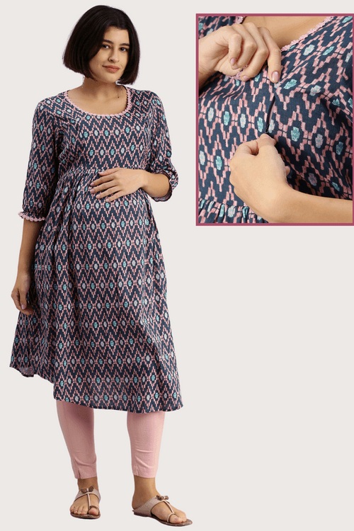 Navy Blue Rayon Gathered Feeding kurta