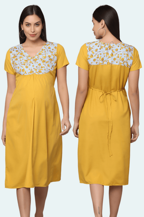 Yellow-Upper Yoke Printed Fabric Rayon-Feeding-Gown