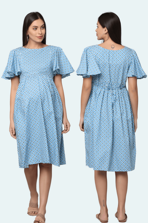 Blue Digital Print Maternity & Feeding Dress