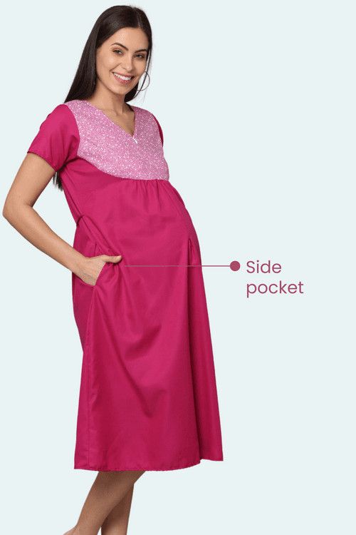 Marron Upper Yoke Printed Fabric Rayon Feeding Gown