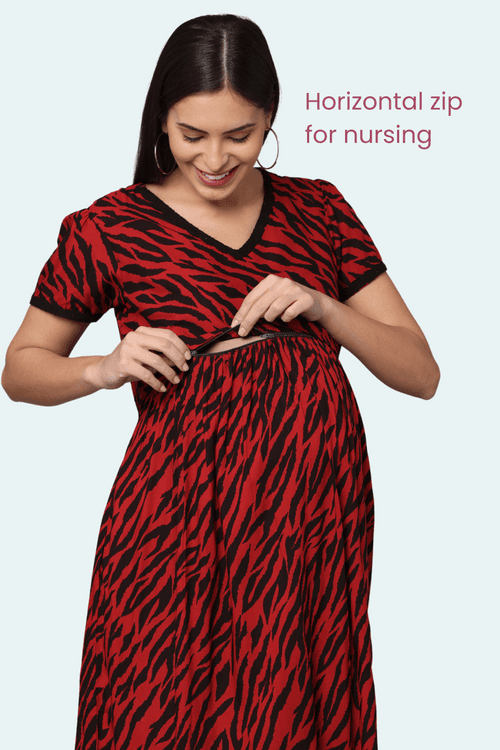 Red Floral Gather Maternity & Feeding Dress