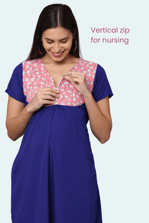 NavyBlue Upper Yoke Printed Fabric Rayon Feeding Gown