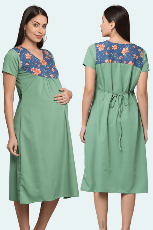 Green-Upper Yoke Printed Fabric Rayon-Feeding-Gown