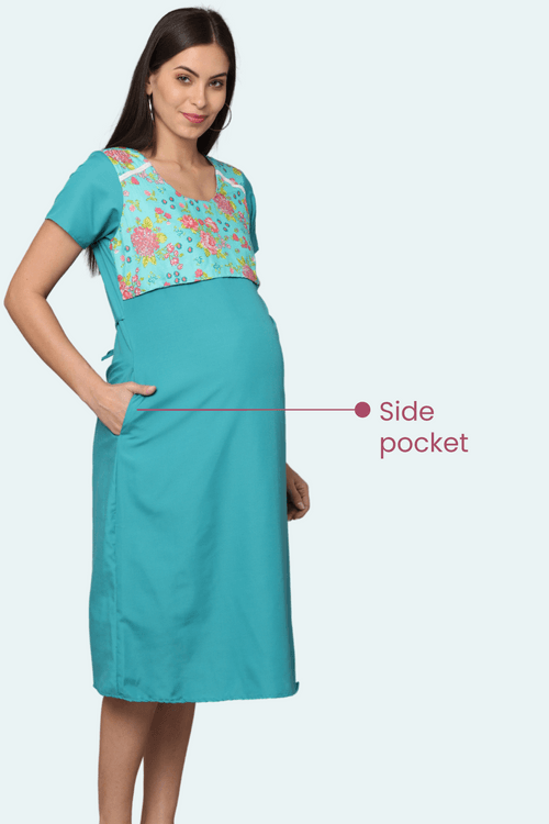 Blue-Upper Yoke Printed Fabric Rayon-Feeding-Gown