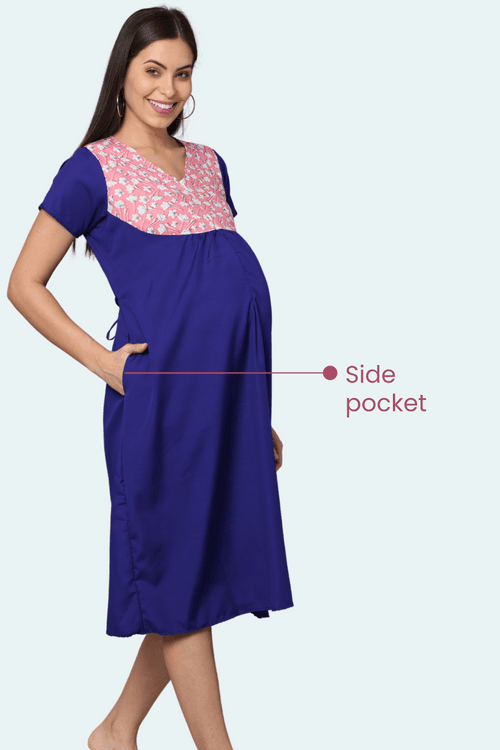 NavyBlue Upper Yoke Printed Fabric Rayon Feeding Gown