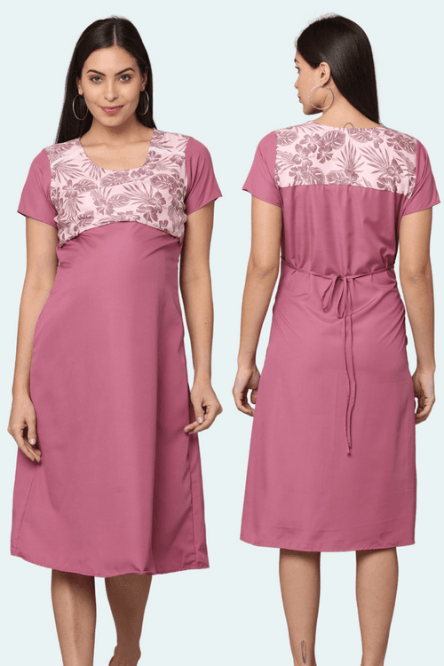 Pink-Upper Yoke Printed Fabric Rayon-Feeding-Gown