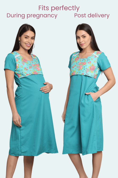 Blue-Upper Yoke Printed Fabric Rayon-Feeding-Gown