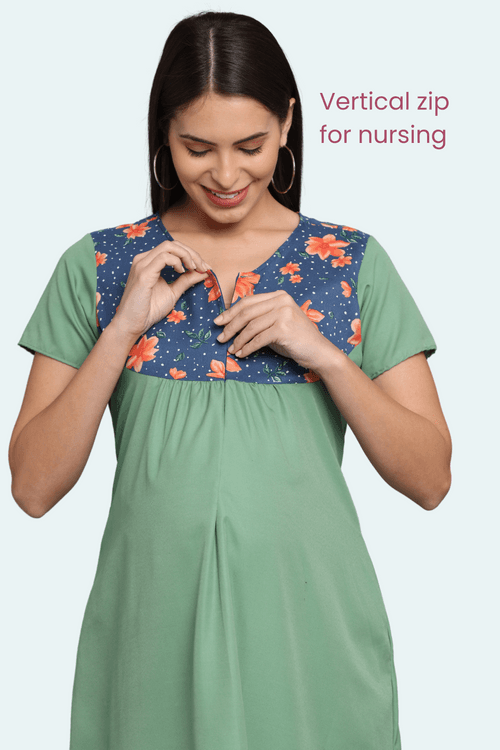 Green-Upper Yoke Printed Fabric Rayon-Feeding-Gown