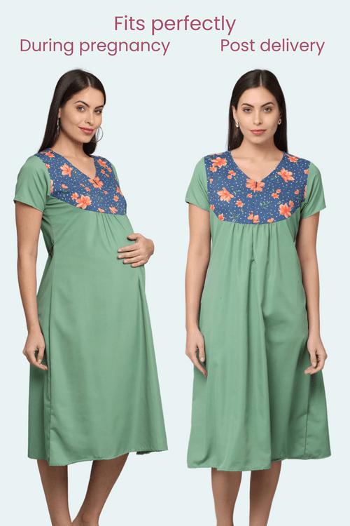 Green-Upper Yoke Printed Fabric Rayon-Feeding-Gown