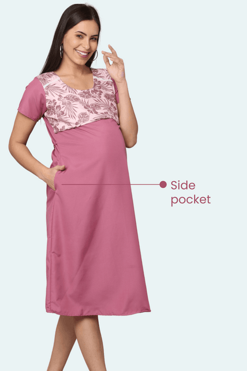 Pink-Upper Yoke Printed Fabric Rayon-Feeding-Gown