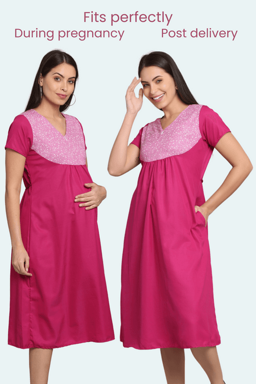 Marron Upper Yoke Printed Fabric Rayon Feeding Gown