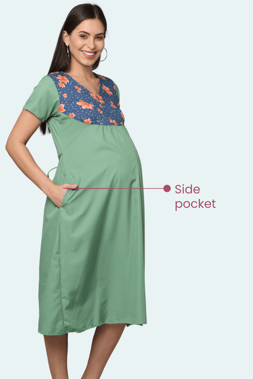 Green-Upper Yoke Printed Fabric Rayon-Feeding-Gown