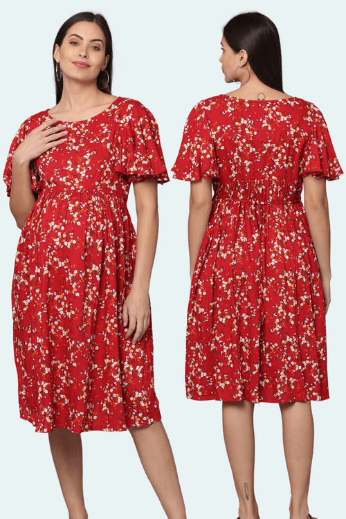 Red Floral Maternity & Feeding Dress