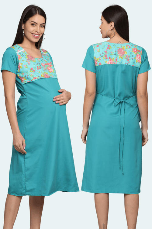 Blue-Upper Yoke Printed Fabric Rayon-Feeding-Gown