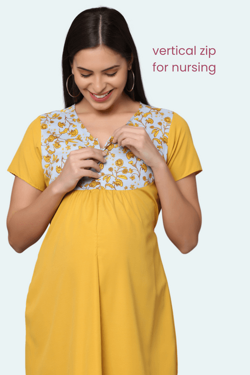 Yellow-Upper Yoke Printed Fabric Rayon-Feeding-Gown