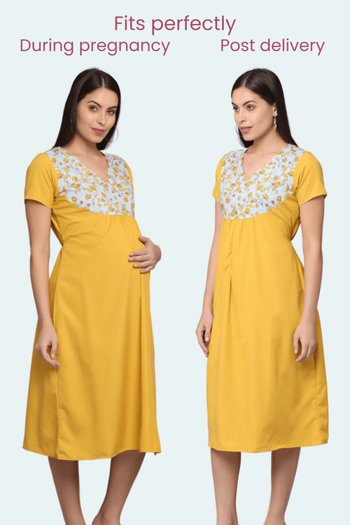Yellow-Upper Yoke Printed Fabric Rayon-Feeding-Gown