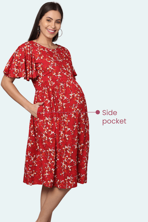 Red Floral Maternity & Feeding Dress