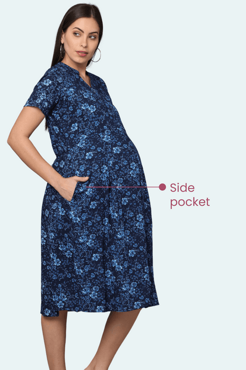 Navy Blue Floral Maternity & Feeding Dress