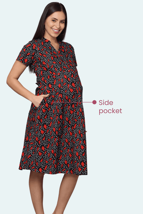 Black & Red Abstract Umbrella Cut Maternity Dress
