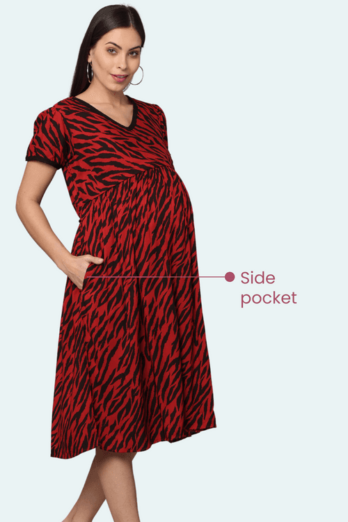 Red Floral Gather Maternity & Feeding Dress