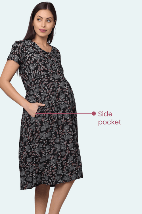 Black Floral Box Pleats Maternity & Feeding Dress