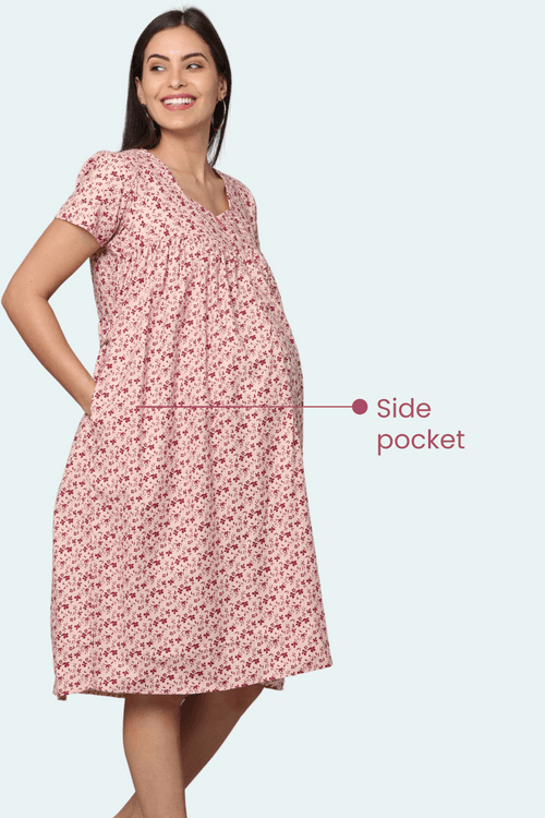 Beige Floral Gather Maternity & Feeding Dress